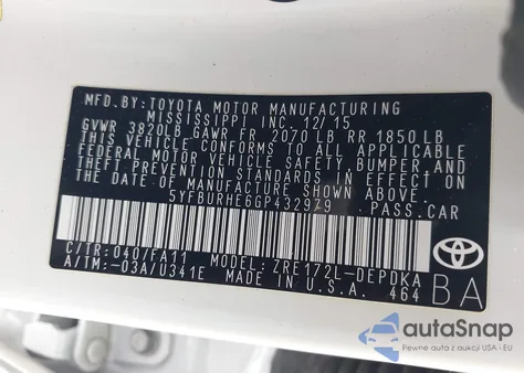 2016 Toyota Corolla L from USA, damaged, VIN 5YFBURHE6GP432979